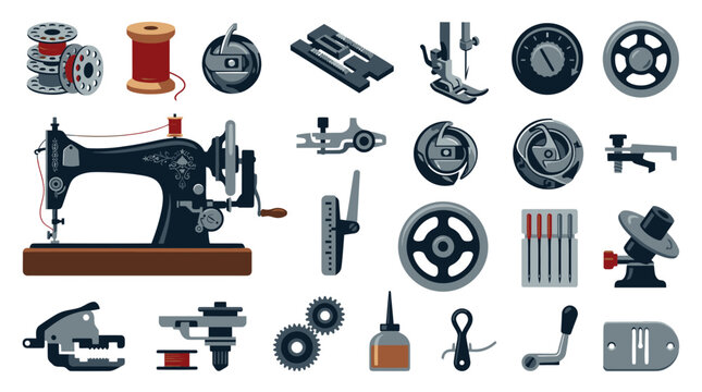 Flat Vector Illustration Set of Vintage Sewing Machine Parts and Crafting Tools for Textile Industry