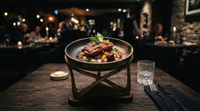 A dark, moody photograph showcases a beautifully plated duck dish presented on a unique, sculptural wooden stand.
