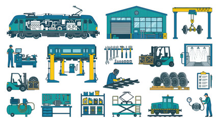 Fototapeta premium Railway Industry Maintenance Workshop Equipment, Tools Workers. Flat Line Art Vector Set.