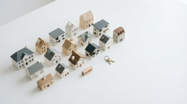 A collection of miniature wooden houses is arranged on a white surface. Several houses of varying colors and designs are clustered together, creating a small village scene.