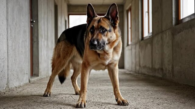A majestic German Shepherd dog stands alert in a concrete hallway showcasing its protective and loyal nature