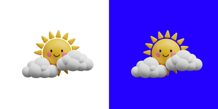 Cute happy smiling sun with fluffy white clouds 3D icon