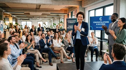 Obraz premium A woman stands on a stage, applauding a large group of people.