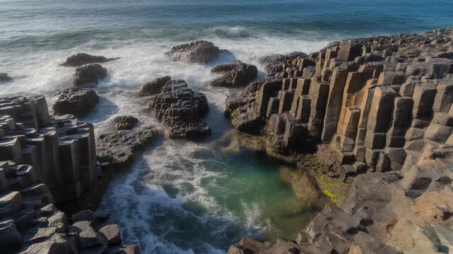 Scenic view of biscoitos natural pools with crashing ocean waves