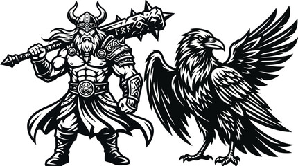 Obraz premium Warrior with mace and raven