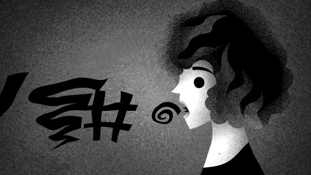 woman with tourette syndrome speaking with offensive words emerging from her mouth