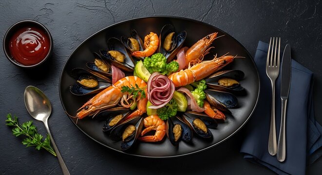 Gourmet Seafood Platter: Shrimp, Mussels, and Garnishes on Black Plate