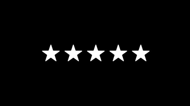 Animated five star rating review with glowing yellow stars, positive feedback, customer satisfaction, approval, success, and excellent service concept