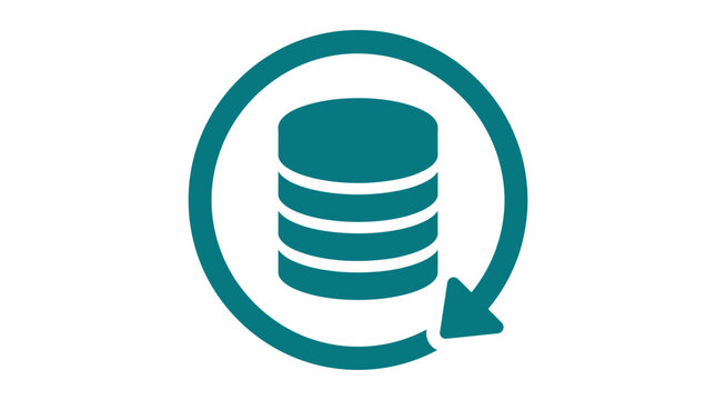 Teal database icon featuring circular refresh arrow symbolizing continuous data synchronization with centered within circular arrow loop infrastructure