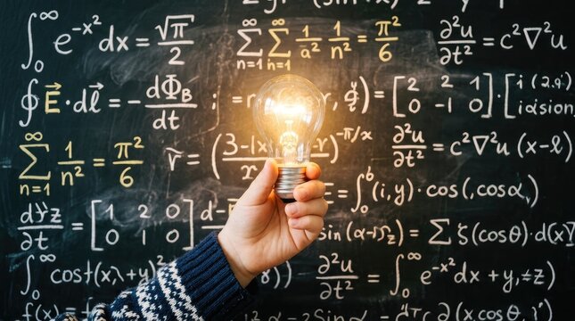 A person with fair skin and a young face is holding a lightbulb over a black chalkboard filled with complex mathematical equations. The equations include integrals, derivatives, and wave functions.