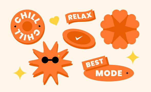 Neobrutalist Orange Pop Sticker Collection with Trendy Labels, Cute Shapes and Bold Graphic Elements