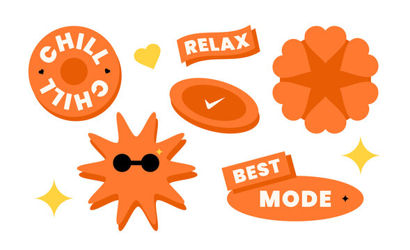 Neobrutalist Orange Pop Sticker Collection with Trendy Labels, Cute Shapes and Bold Graphic Elements