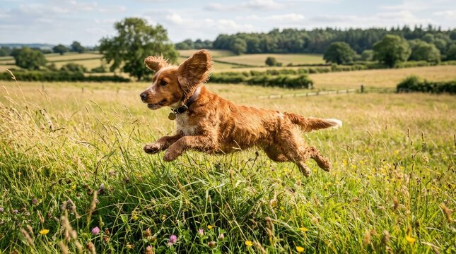 A red cocker spaniel runs joyfully through a grassy field. The dog leaps with its ears flapping in the wind, capturing a moment of pure excitement.