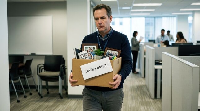 A man carries a cardboard box labeled "Layoff Notice" as he exits an office building. He appears distraught and is wearing a sweater and pants.