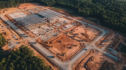 Obraz premium Aerial View of Large Industrial Construction Site with Steel Framework