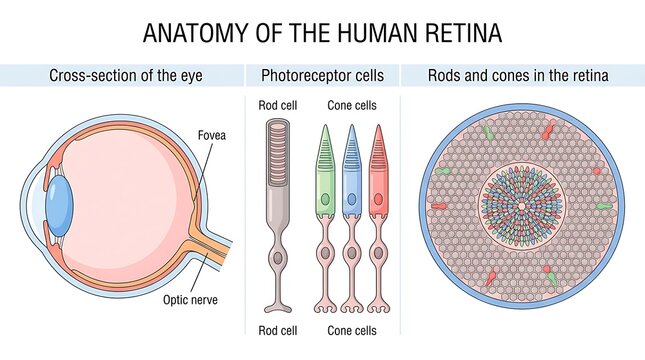 Anatomy of the human retina diagram with detailed labeled sections and, ganglion