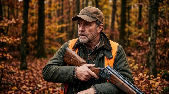 A mature man wearing a cap and vest stands in a forest during autumn. He holds a shotgun and looks thoughtfully into the distance.