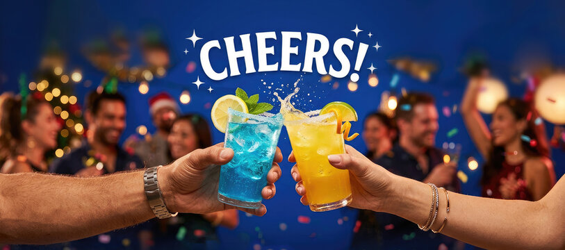 A group of people are raising colorful cocktails in a celebratory toast. Several people are wearing festive hats and accessories.