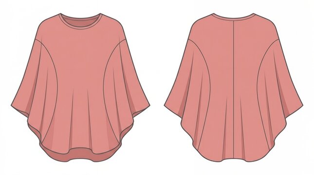 Pink Oversized Batwing Sleeve Poncho Tunic Fashion Technical Flat Sketch Template with Front and Back Views