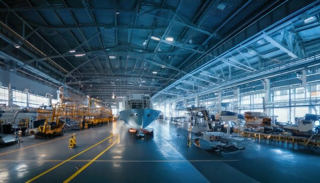 Industrial warehouse interior with machinery.