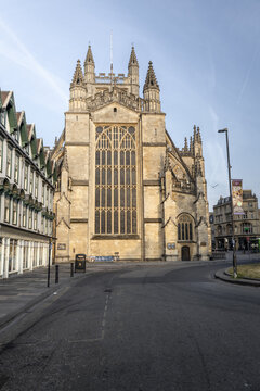 Bath, England, United Kingdom - 23 July 2026: View of Bath Abbey, a historic Gothic church with intricate stone carvings and large stained glass windows in the city center.