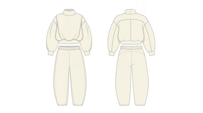 Fashion Technical Drawing of Women Cropped Sweatshirt with Balloon Sleeves and Joggers Loungewear Set in Beige