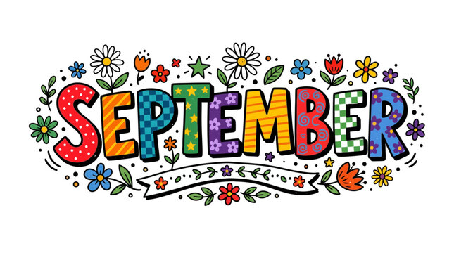 Hand Drawn September Lettering With Floral Doodle Decorations