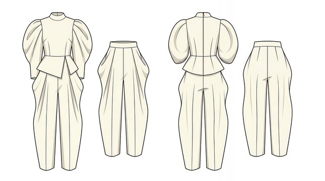 Elegant Fashion Technical Sketch of Women's Cream Peplum Top with Puff Sleeves and High Waisted Trousers Set