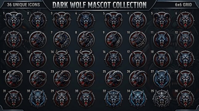 Fierce dark wolf mascot collection featuring aggressive canine heads in circular badges arranged in a detailed organized grid on white background