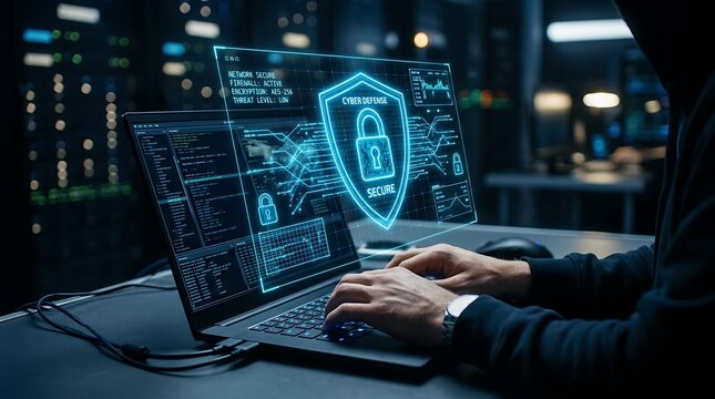 Hacker typing on laptop with cybersecurity interface displayed.