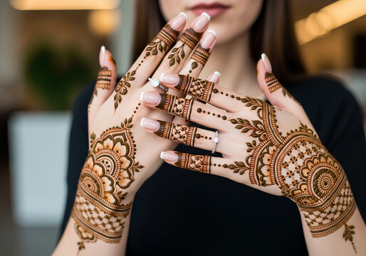 Woman hands with intricate henna mehndi design and elegant manicure
