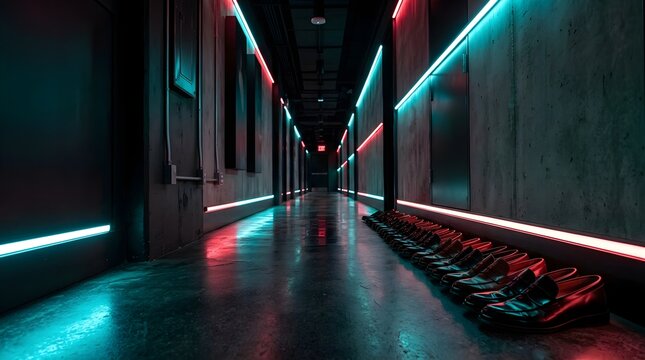 Dim Corridor with Alternating Cyan Crimson Neon Lights and Row of Shoes