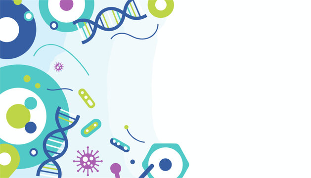 Abstract microscopic biology background features DNA double helix, cells, and viruses in clean shades of blue and green.