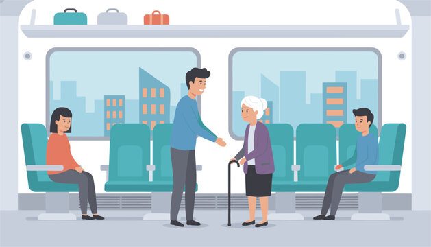 Polite young man standing up to offer his seat to an elderly woman holding a walking cane inside a subway train car.