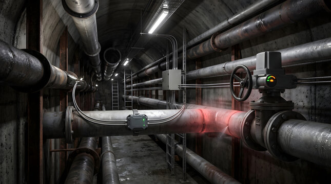Smart pipeline leak detection system in underground utility tunnel, IoT sensor monitoring steam pipe crack and pressure valve in industrial facility