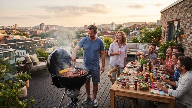 Happy Group of Friends Enjoying a Rooftop BBQ Party at Sunset with City Skyline View