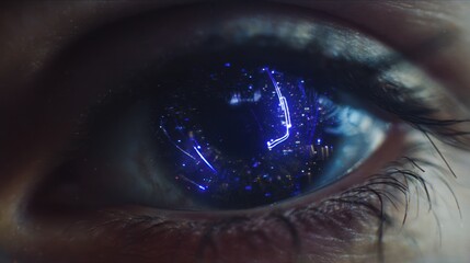 Naklejka premium Close up of human eye reflecting futuristic city lights and digital network