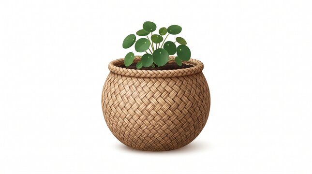 Woven wicker basket planter with green pilea money plant vector illustration isolated on white background