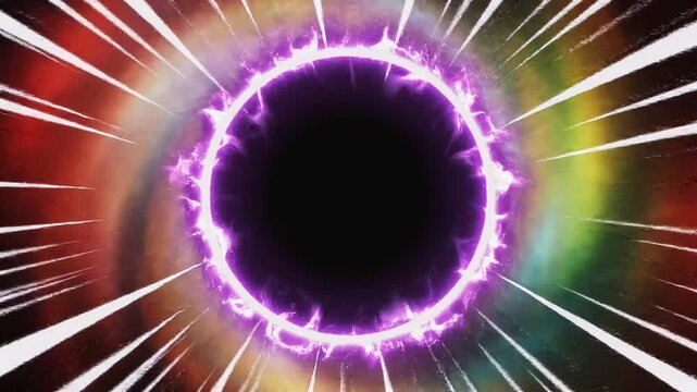 Anime style black hole portal with purple energy ring, cosmic wormhole background with speed lines, vibrant manga space vortex