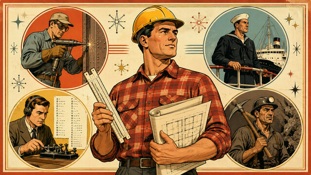 Vintage Retro Industrial Workers Blueprint Construction Craftsman Character Set