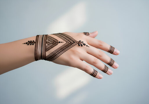 Intricate henna tattoo on woman hand with traditional patterns