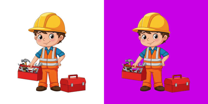Little cartoon construction worker boy holding a red tool box