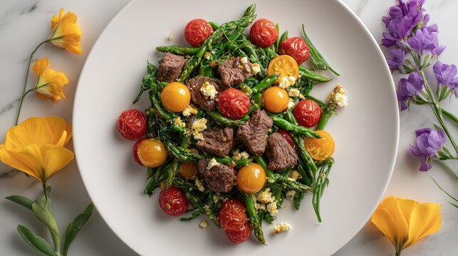 Gourmet salad with beef chunks green asparagus cherry tomatoes and yellow flowers
