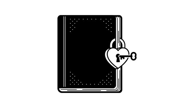 Vintage Black and White Secret Diary Notebook with Heart Shaped Padlock and Key Vector Illustration
