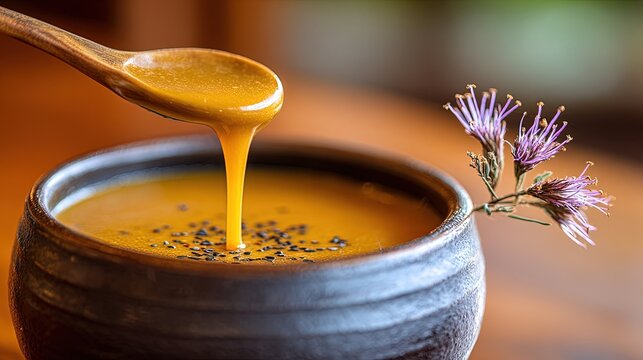 Wooden spoon pouring honey into a ceramic bowl decorated with purple flowers