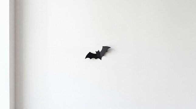 Minimalist Halloween decoration featuring a black paper bat on a white wall