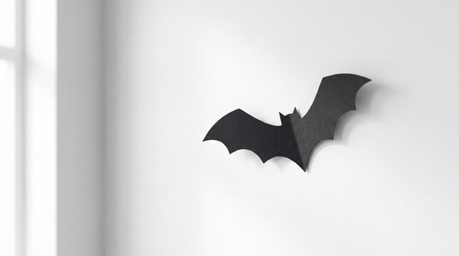 Black bat decoration on a clean white wall for Halloween