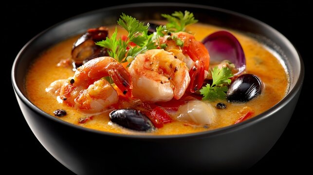 Spicy shrimp and mussel soup with fresh cilantro in a creamy yellow broth