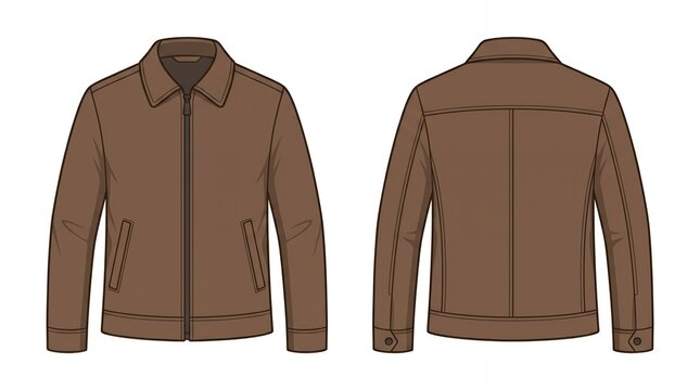 Brown Casual Jacket Technical Illustration Men's Outerwear Front and Back View Fashion Flat Sketch Design for Clothing P