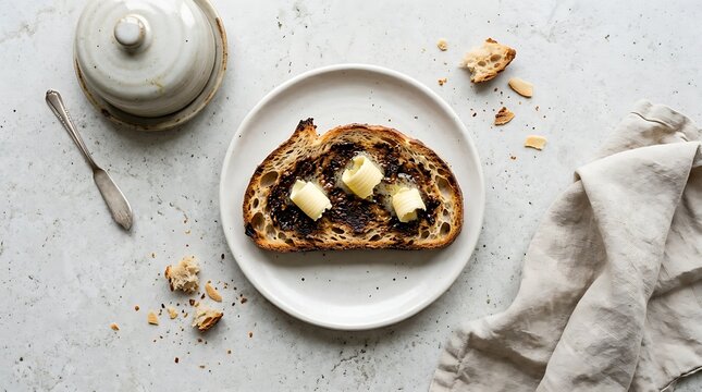 A slice of toasted sourdough bread with dark berry jam and butter on a ceramic plate.  Vegemite sandwich